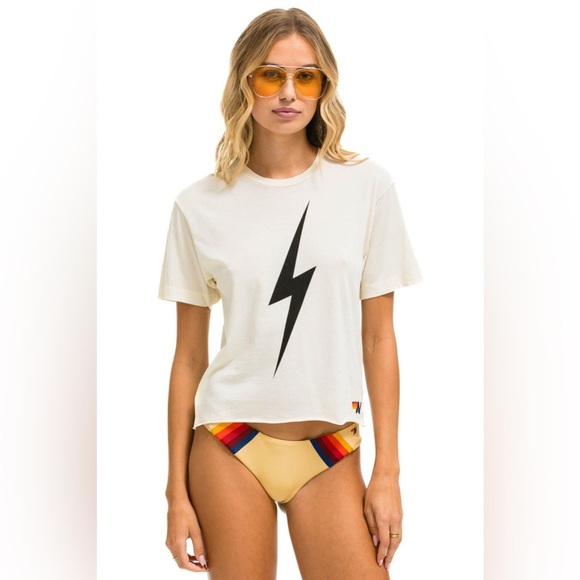 Aviator Nation Women’s Cream Lightning Bolt Short Sleeve Crop Tee Shirt 🖤⚡️ - Picture 1 of 10